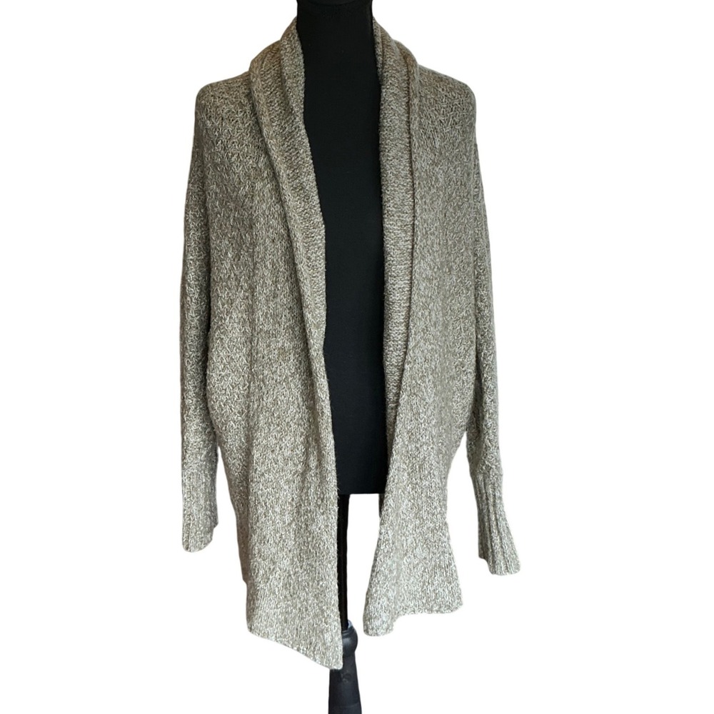 Angel of the North‎ Marled Knit Shawl Collar Open Front Cardigan Beige Green XS